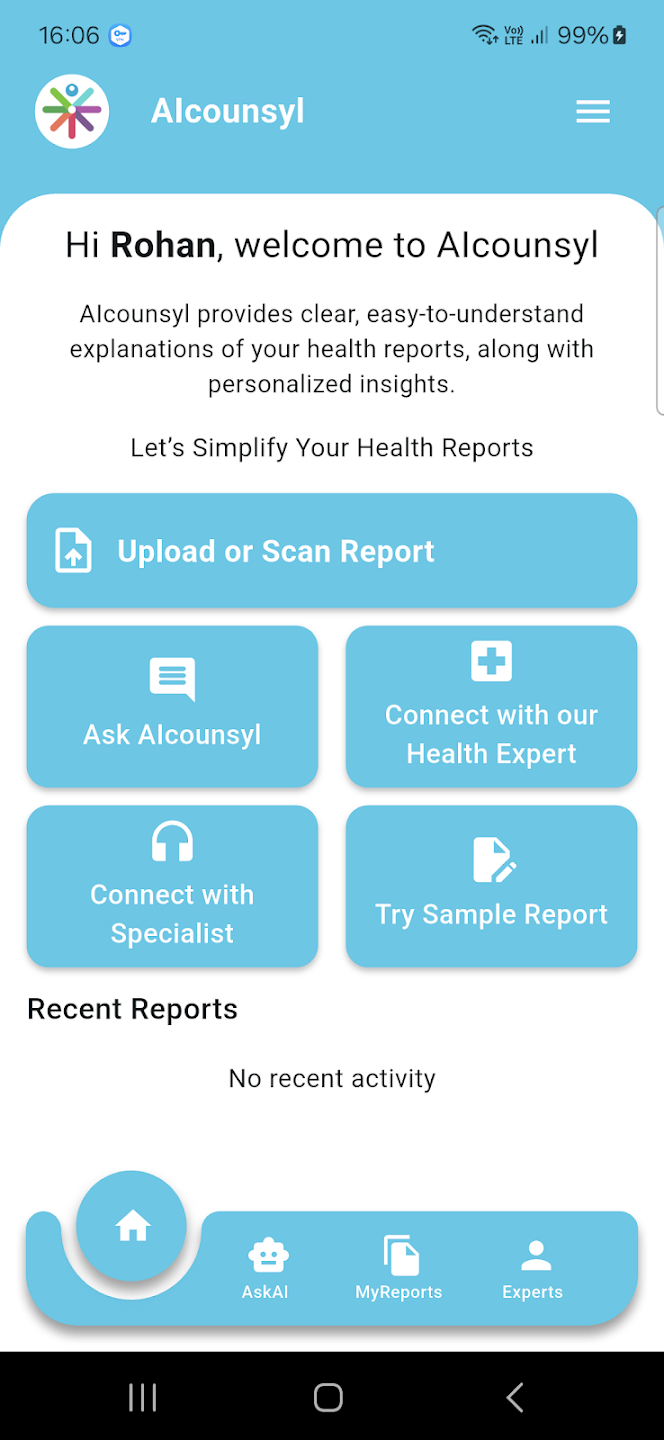 AIcounsyl app — home dashboard